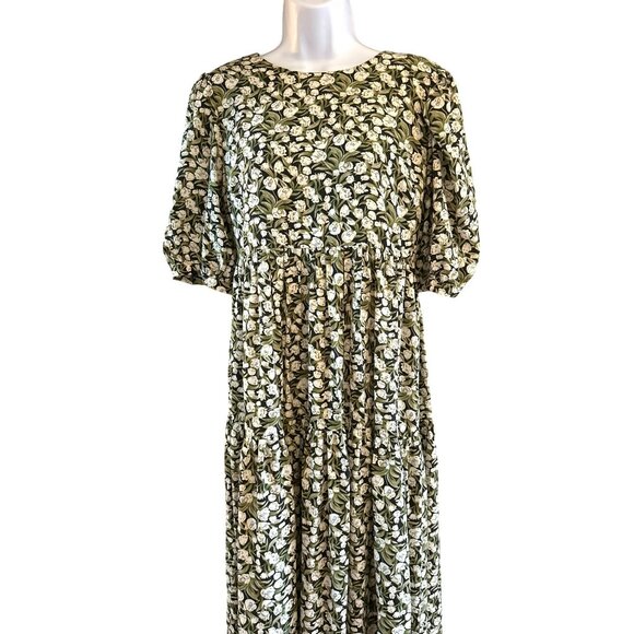 En Saison Women's Floral Tiered Midi Dress Open Back Elbow Sleeves Cottagecore - Picture 2 of 5